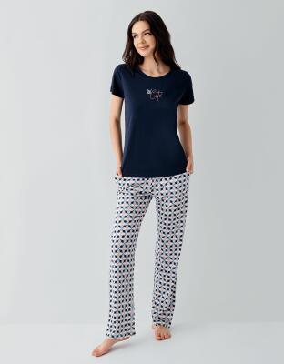 Kadın Cepli Desenli Pijama Takımı %50 Pamuk %50 Modal – Kısa Kollu, Rahat Kalıp - 6