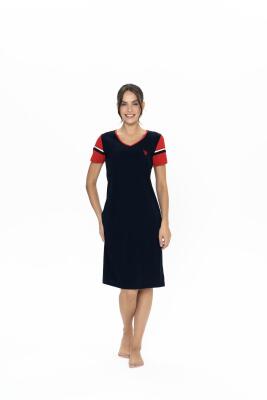 Us Polo %100 Pamuk, Kadın Geniş V Yaka, Kısa Kol, Midi Gecelik - 1