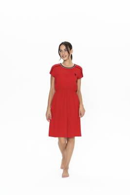 U.S. Polo Assn. - Us Polo %100 Pamuk, Kadın Geniş Yuvarlak Yaka, Beli Büzgülü, Kısa Kol, Midi Gecelik