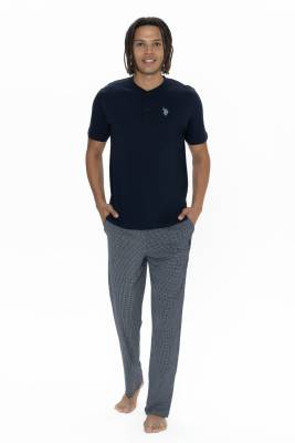 U.S. Polo Assn. - U.S. Polo %100 Pamuklu, Düğmeli Bisiklet Yaka T-shirt, Desenli Cepli Pijama Takım