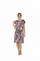Us Polo %100 Pamuklu, Önü Çiçek Baskılı, Arkası Düz Lacivert, Beli İpli Gecelik - Thumbnail