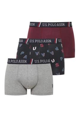 U.S. Polo Assn. 3'lü Pamuklu Likralı Erkek Boxer, Gri melanj Mürdüm ve Baskılı, %95 pamuk %5 likra - 1