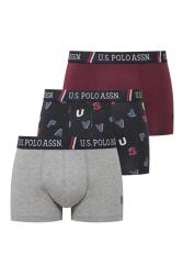 U.S. Polo Assn. 3'lü Pamuklu Likralı Erkek Boxer, Gri melanj Mürdüm ve Baskılı, %95 pamuk %5 likra