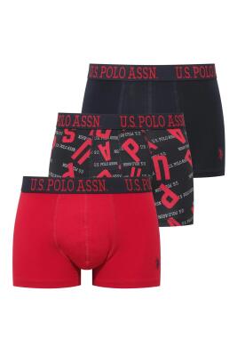 U.S. Polo Assn. 3'lü Pamuklu Likralı Erkek Boxer, Lacivert Kırmızı ve Baskılı, %95 pamuk %5 likra - 1