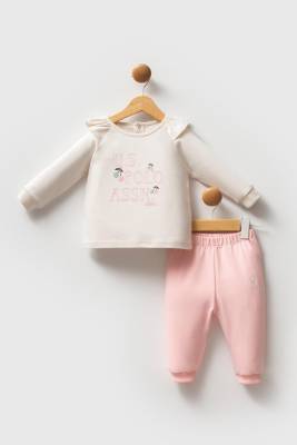 U.S. Polo Assn. - U.S. Polo Assn. Ekru Pembe Kız Bebek 2 iplik alt üst takım