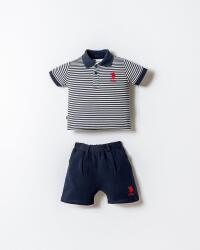 U.S. Polo Assn. Erkek Bebek Çizgili Polo Yaka Şort Takım %100 Pamuk İnterlok T-Shirt Lacivert İki İplik Şort