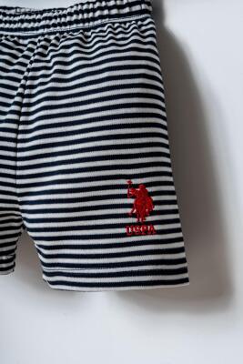 U.S. Polo Assn. Erkek Bebek Şort T-Shirt Takım %100 Pamuk Süprem Üst İnterlok Şort Çizgili Lacivert Beyaz Yazlık Alt Üst Takım - 3