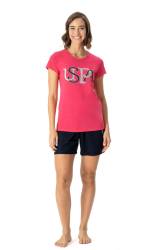 U.S. Polo Assn. Kadın %100 Pamuklu T-shirt ve Cepli Şort Takım - Thumbnail