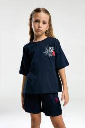 U.S. Polo Assn Kids %100 Pamuk / %100 Cotton KIZ ÇOCUK USPA BASKILI ŞORT TAKIM - Thumbnail