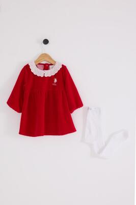 U.S. Polo Assn. Kırmızı Kadife Elbise ve Beyaz Çorap,  Kız Bebek Elbise - 1