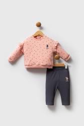 U.S. Polo Assn. Kız Bebek Kalp Baskılı 3 İplik Kışlık Alt Üst Takım - Thumbnail