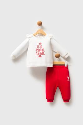 U.S. Polo Assn. - U.S. Polo Assn. Kızmızı Beyaz Kız Bebek Alt Üst Takım, %100 Pamuk