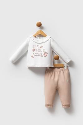 U.S. Polo Assn. - U.S. Polo Assn. Yazı Baskılı Kız Bebek alt üst takım, %100 Pamuk