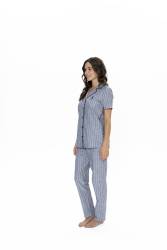 Us Polo Çizgili, Gömlek Yaka, %100 Pamuklu Pijama Takım - Thumbnail