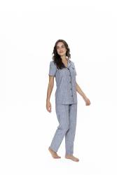 Us Polo Çizgili, Gömlek Yaka, %100 Pamuklu Pijama Takım - Thumbnail