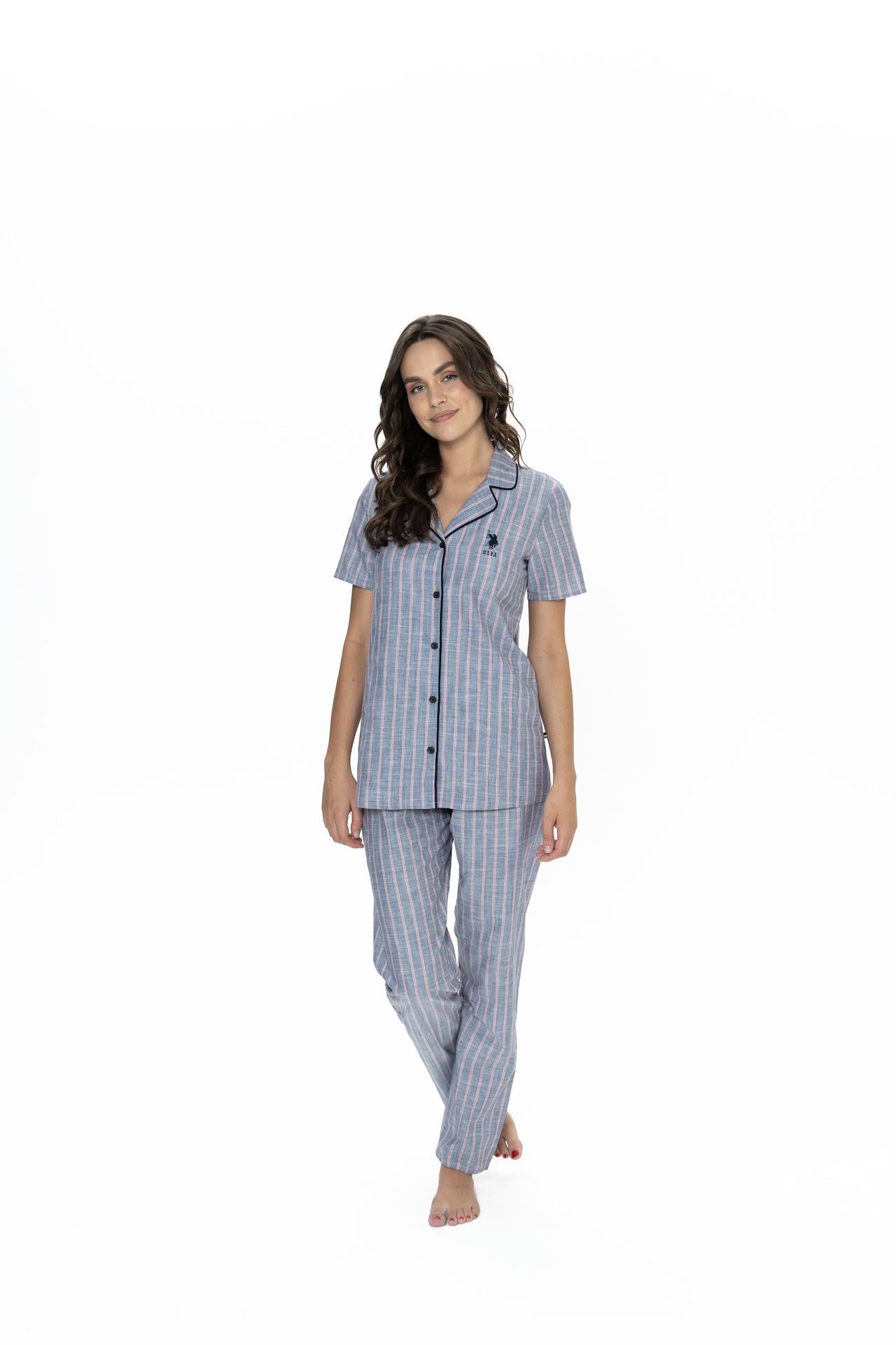 Us Polo Çizgili, Gömlek Yaka, %100 Pamuklu Pijama Takım