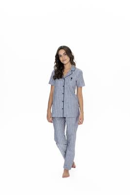 U.S. Polo Assn. - Us Polo Çizgili, Gömlek Yaka, %100 Pamuklu Pijama Takım