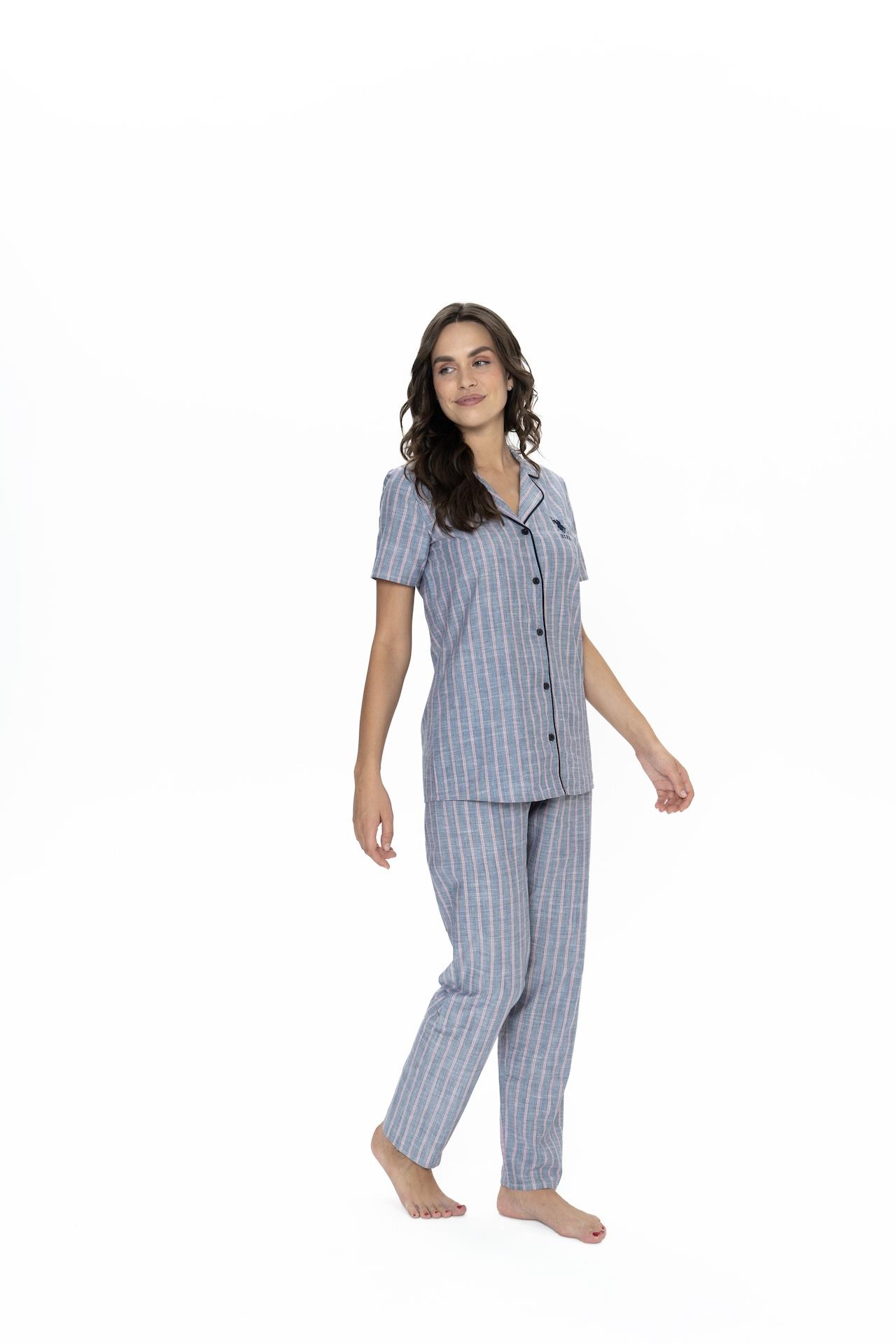 Us Polo Çizgili, Gömlek Yaka, %100 Pamuklu Pijama Takım