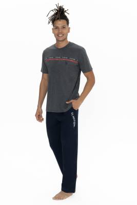 U.S. Polo Assn. - U.S. Polo Erkek Düz Paça Cepli Pijama Takım, Bisiklet Yaka, Kısakollu Pijama Takım