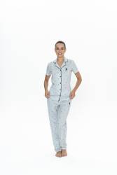 Us Polo Kadın %100 Pamuklu Pijama Takım, Gömlek Yaka, Kısakol, Çizgili - Thumbnail