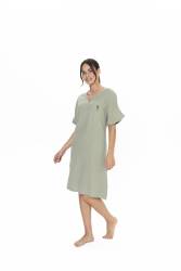 Us Polo Kadın Kısakol, V Yaka Ev Giyim Gecelik, %100 Pamuk, Müslin Kumaş - Thumbnail