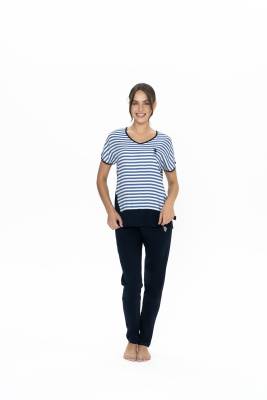 U.S. Polo Assn. - Us Polo V Yaka Kısakol Çizgili Cepli Kadın Pijama Takım, Üst Viskon, Alt Pamuk Kumaş