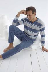 Uzun Kol 4 Mevsim Erkek Pijama Takım, %100 Pamuklu Yatay Çizgili Düğmeli Yuvarlak Yaka Pijama Takım - Thumbnail