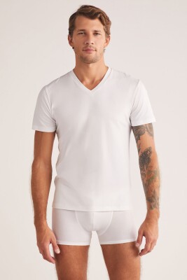 V Yaka Pamuk Modal Erkek Tshirt, %47 Pamuk %47 Modal %6 Elastan - 1